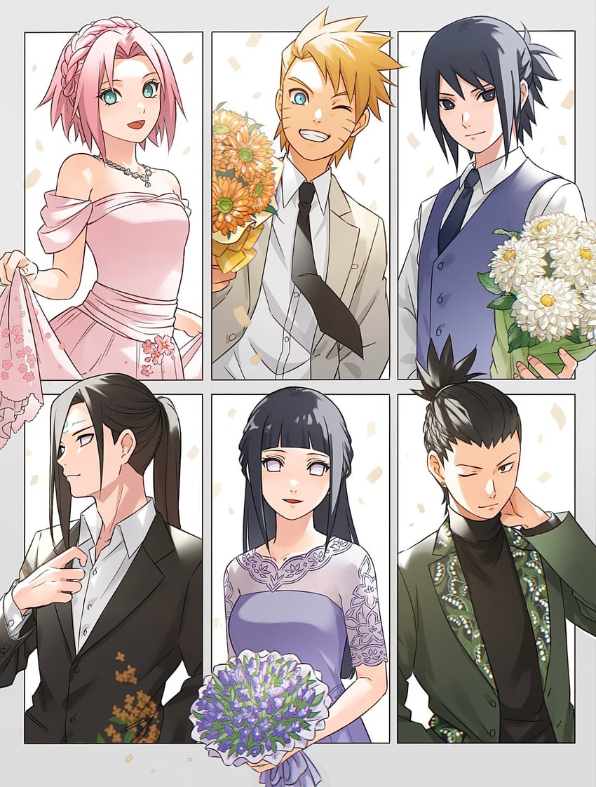 haruno sakura, uzumaki naruto, hyuuga hinata, uchiha sasuke, nara shikamaru, and 1 more (naruto and 1 more) drawn by usao_(313131)
