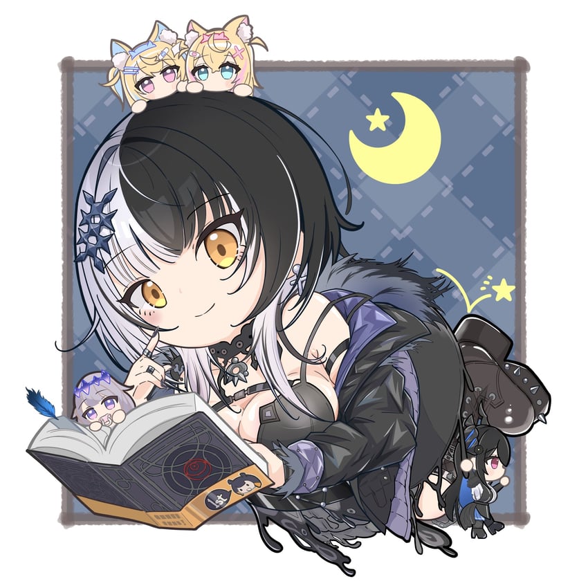 ninomae ina'nis, shiori novella, nerissa ravencroft, fuwawa abyssgard, mococo abyssgard, and 2 more (hololive and 1 more) drawn by nishi_azuma
