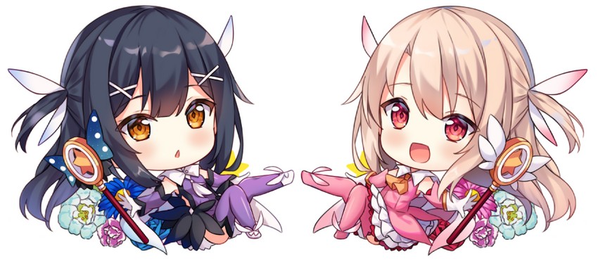 illyasviel von einzbern, miyu edelfelt, prisma illya, magical ruby, and magical sapphire (fate and 1 more) drawn by hitsukuya