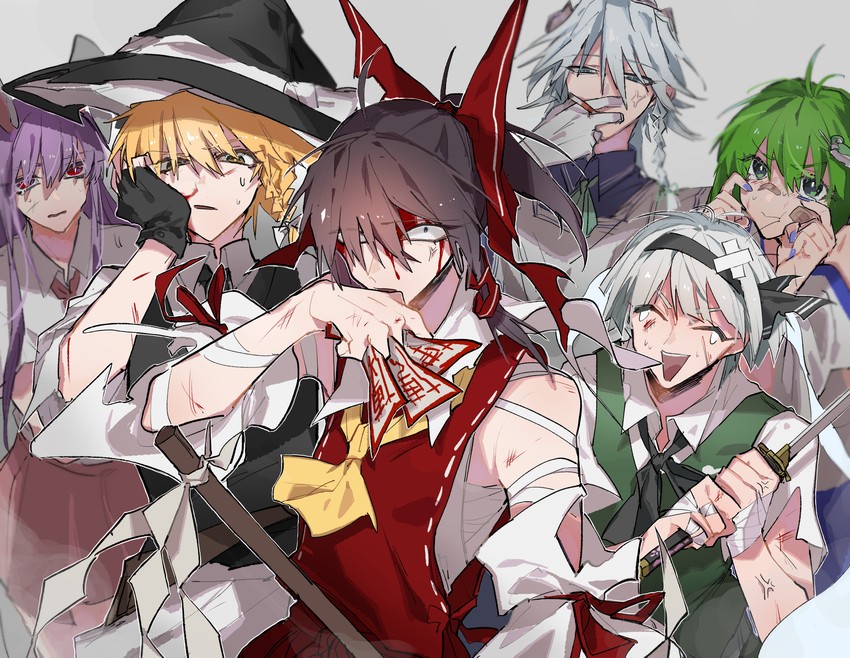hakurei reimu, kirisame marisa, izayoi sakuya, kochiya sanae, konpaku youmu, and 1 more (touhou) drawn by fuuga_(perv_rsity)