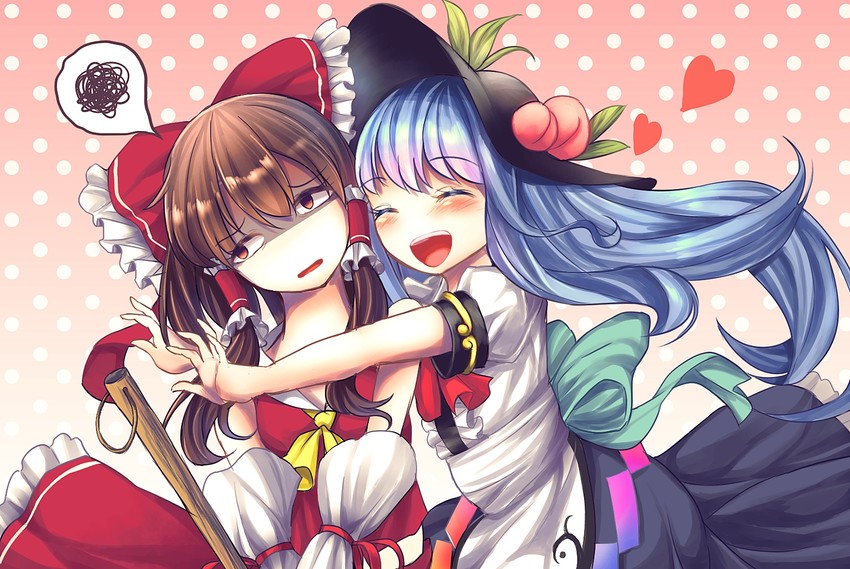 hakurei reimu and hinanawi tenshi (touhou) drawn by maru_daizu_(aqua6233)