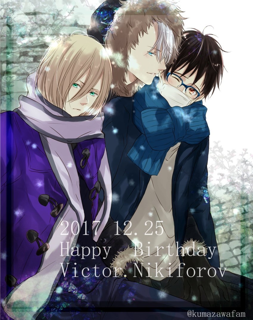 katsuki yuuri, viktor nikiforov, and yuri plisetsky (yuri!!! on ice) drawn by kumakazo19840616