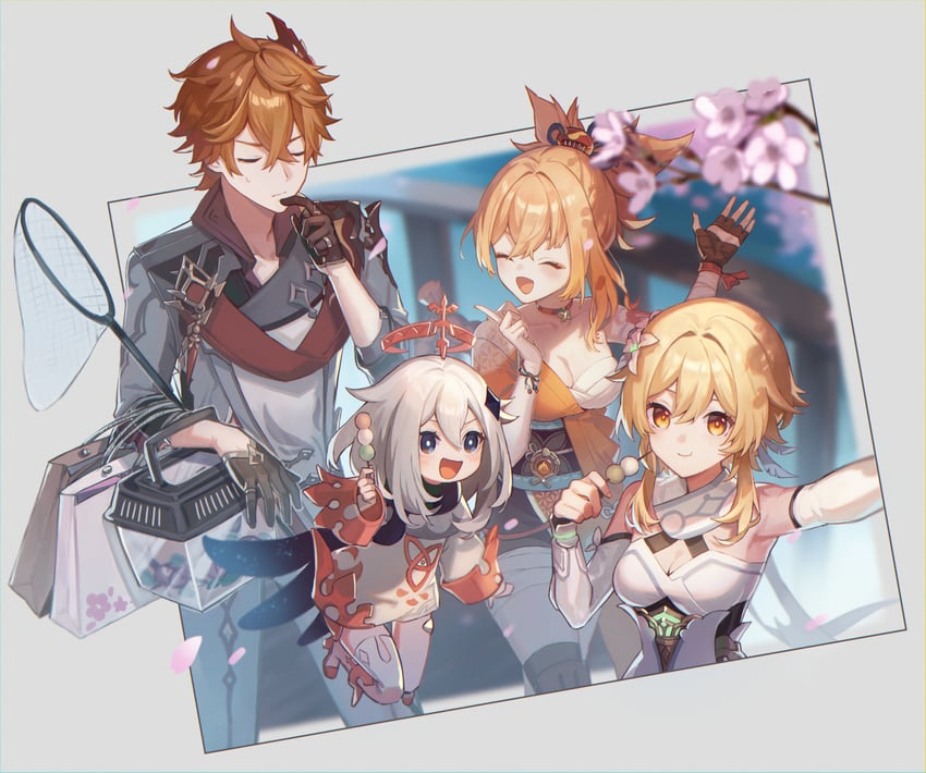 lumine, paimon, tartaglia, and yoimiya (genshin impact) drawn by kino_(m6t2a)