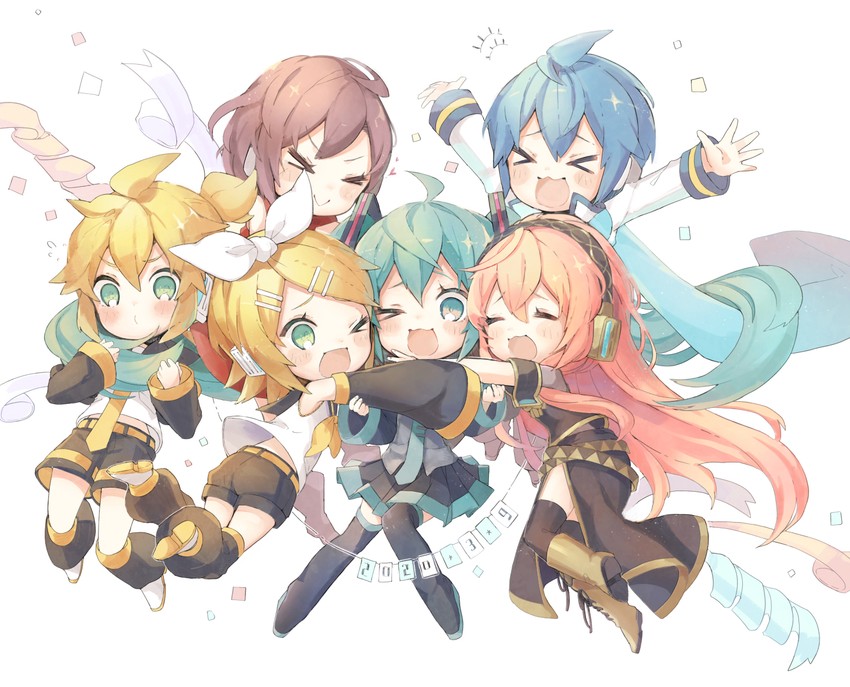 hatsune miku, kagamine rin, kagamine len, megurine luka, kaito, and 1 more (vocaloid) drawn by niwako