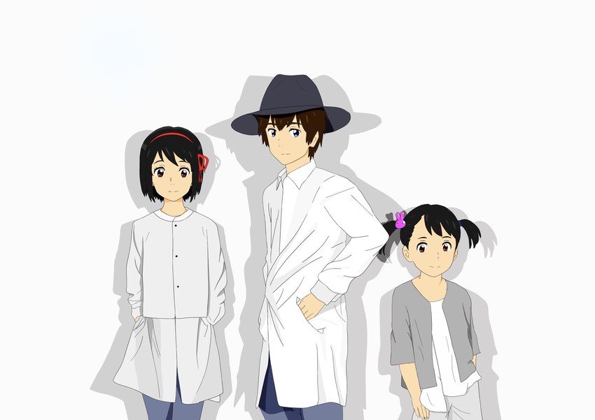 miyamizu mitsuha, tachibana taki, and miyamizu yotsuha (kimi no na wa. and 1 more) drawn by musasi