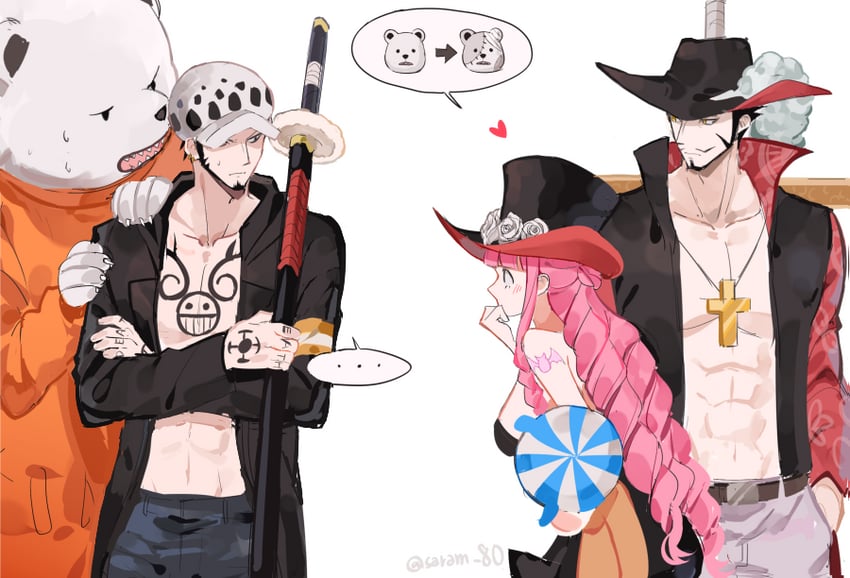 trafalgar law, perona, bepo, and kumacy (one piece) drawn by joman
