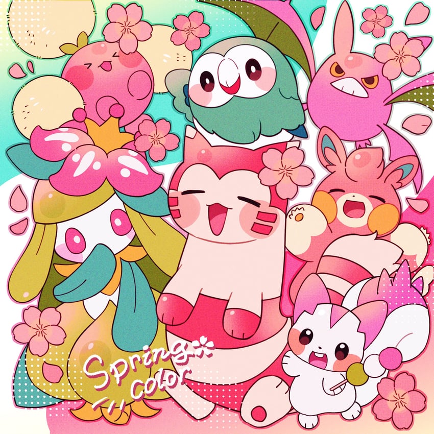 rowlet, pachirisu, furret, lilligant, jumpluff, and 2 more (pokemon) drawn by takumi_mizuki