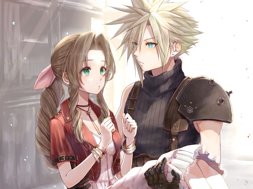 cloud strife and aerith gainsborough (final fantasy and 2 more) drawn by gumiseijin