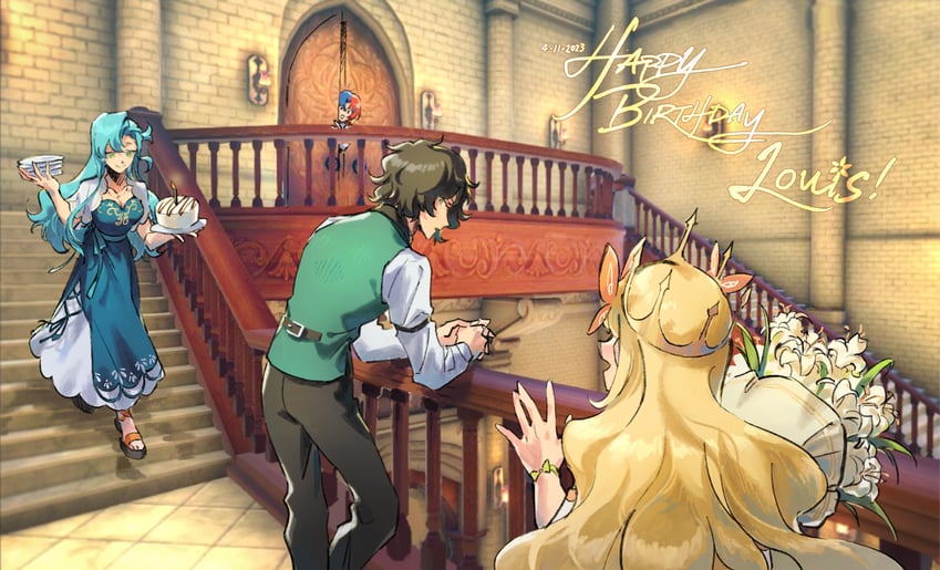 male alear, celine, chloe, and louis (fire emblem and 1 more) drawn by hahahashagi