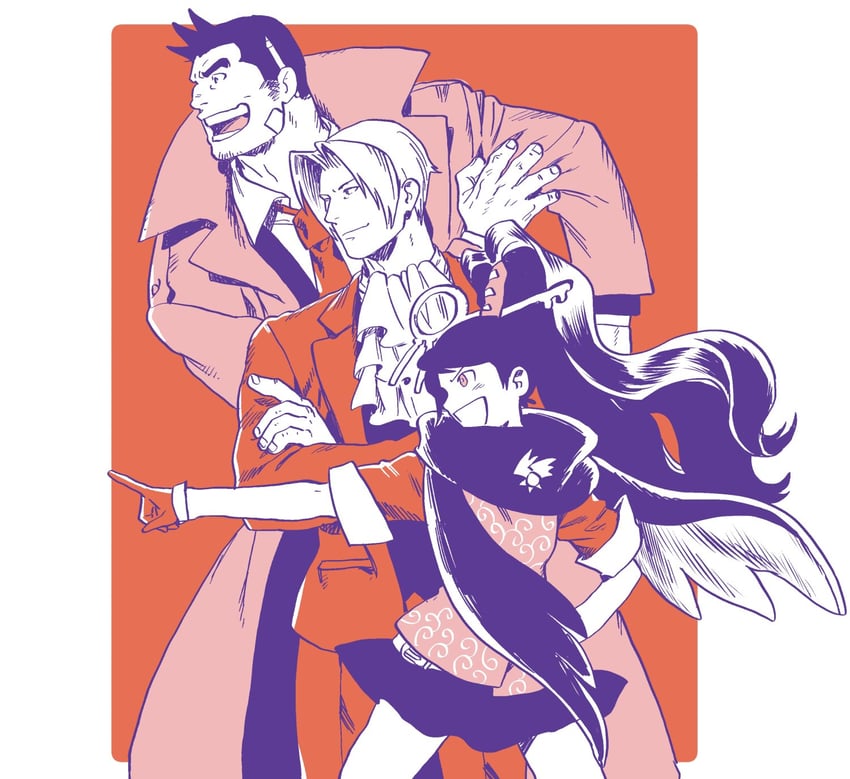 miles edgeworth, dick gumshoe, and kay faraday (ace attorney and 1 more) drawn by nitako