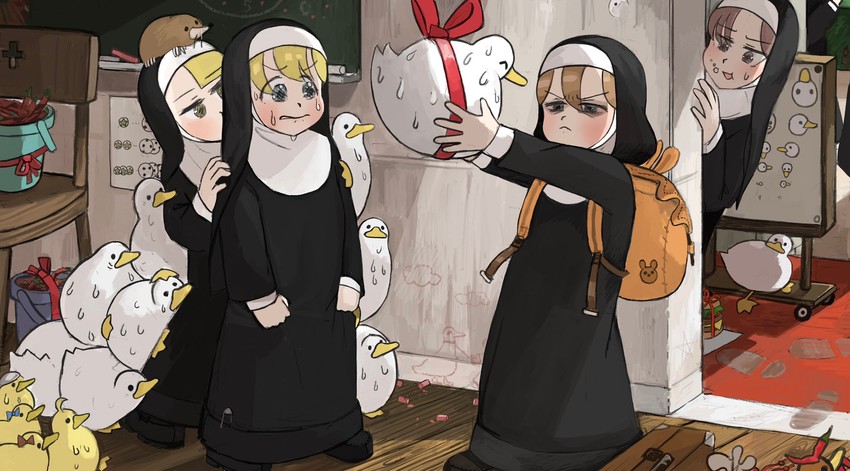 clumsy nun, spicy nun, glasses nun, and hungry nun (little nuns) drawn by diva_(hyxpk)