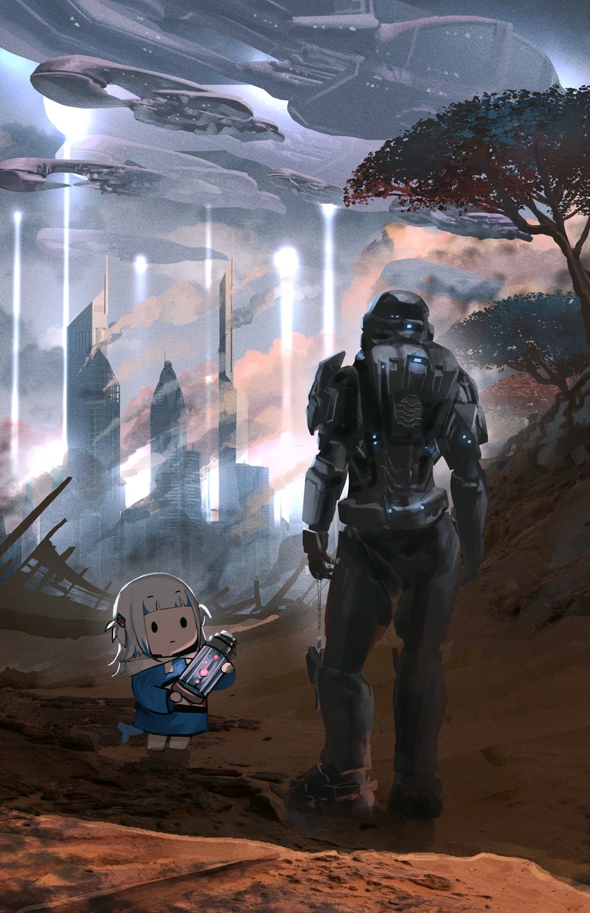gawr gura, smol gura, and spartan-b312 (hololive and 3 more) drawn by advarcher