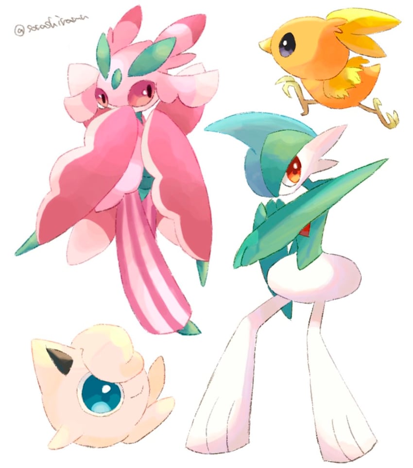 jigglypuff, torchic, gallade, and lurantis (pokemon) drawn by sorashiramu