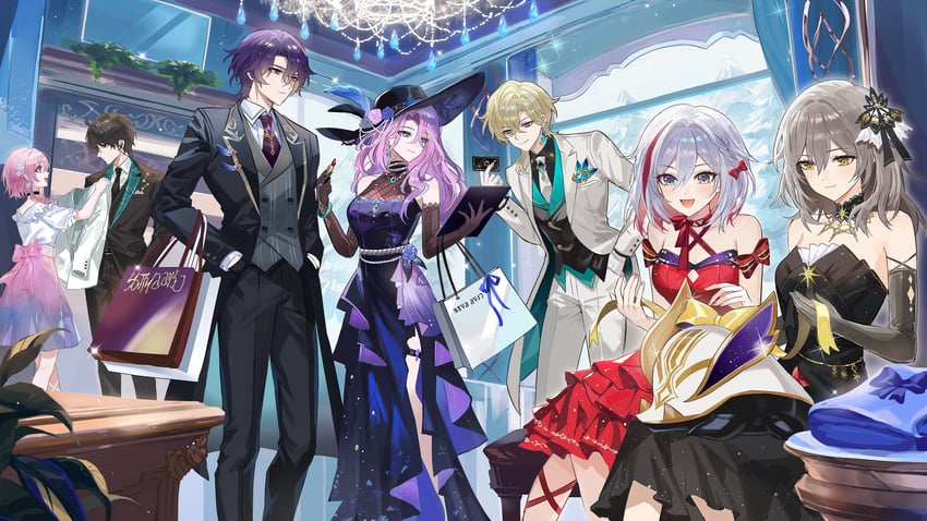 trailblazer, stelle, march 7th, aventurine, dan heng, and 5 more (honkai and 1 more) drawn by fractalmagnolia