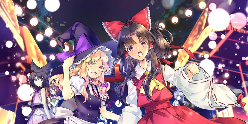 hakurei reimu, kirisame marisa, toyosatomimi no miko, mononobe no futo, and futatsuiwa mamizou (touhou and 1 more) drawn by shuri_yasuyuki