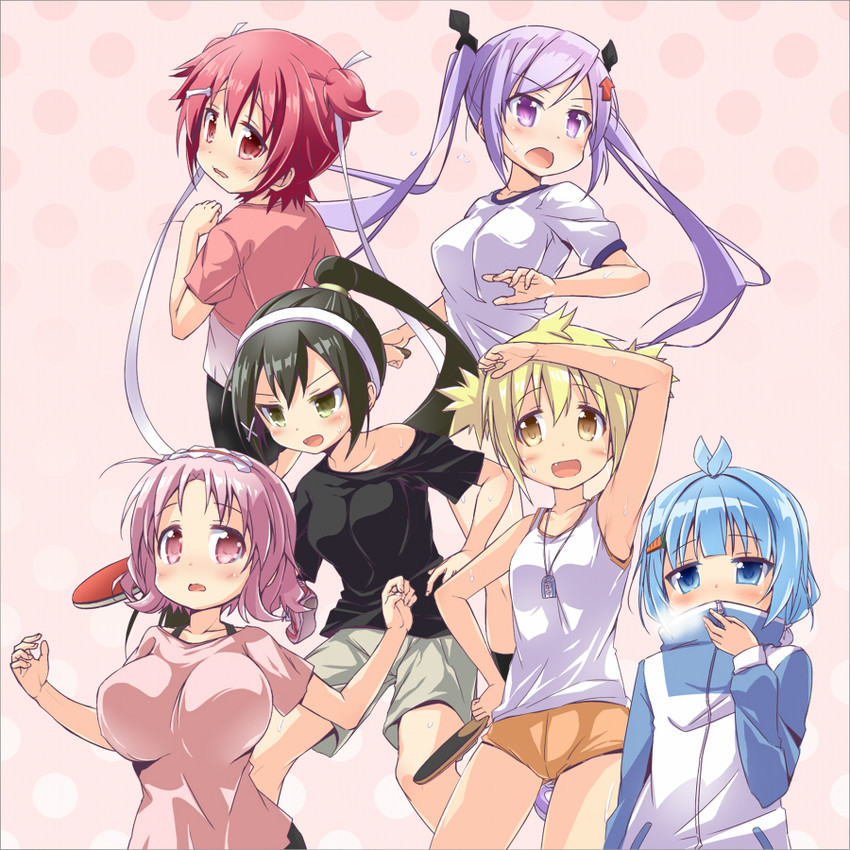 tsumujikaze koyori, kamiya agari, itsumo hokuto, oomune mune, tenka hanabi, and 1 more (shakunetsu no takkyuu musume) drawn by riki_(archf)