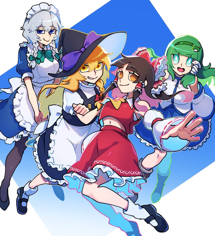 hakurei reimu, kirisame marisa, izayoi sakuya, and kochiya sanae (touhou) drawn by iganashi1