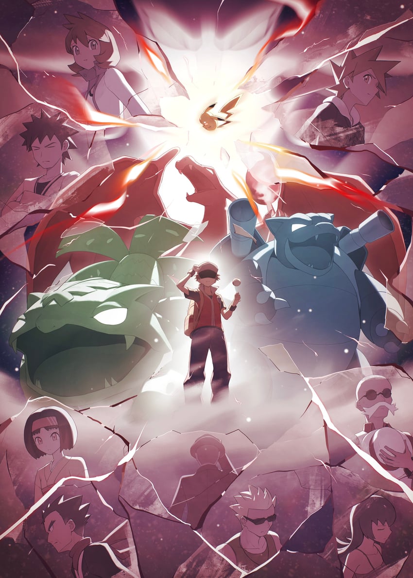 pikachu, red, misty, blue oak, charizard, and 10 more (pokemon and 2 more) drawn by odd_(hin_yari)
