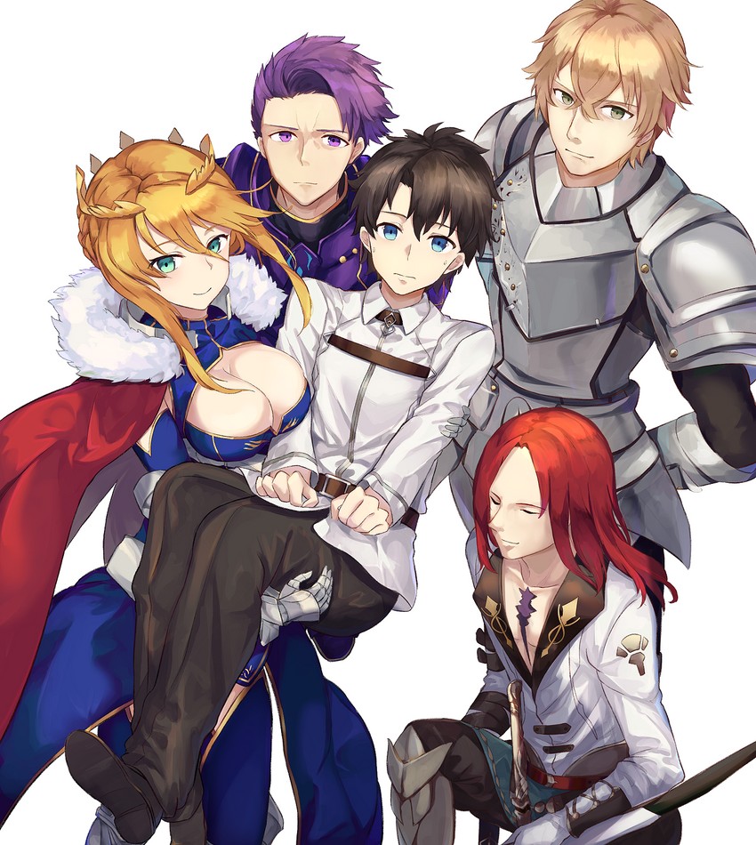 artoria pendragon, fujimaru ritsuka, gawain, lancelot, and tristan (fate and 2 more) drawn by mosta_(lo1777789)