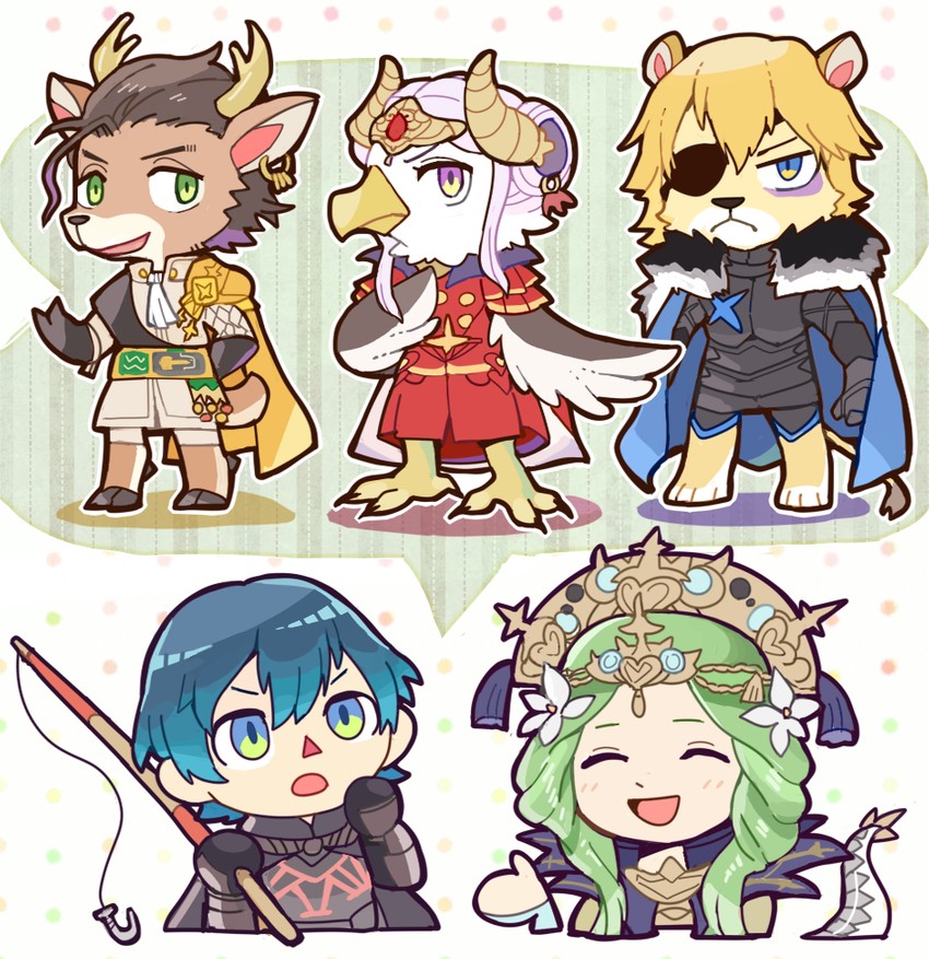 edelgard von hresvelg, dimitri alexandre blaiddyd, male byleth, claude von riegan, and rhea (fire emblem and 2 more) drawn by teijiro