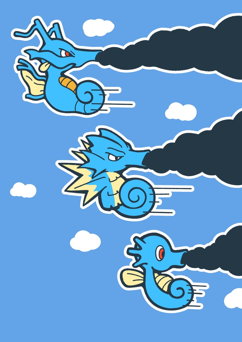 horsea, kingdra, and seadra (pokemon) drawn by fukidashi_cotton