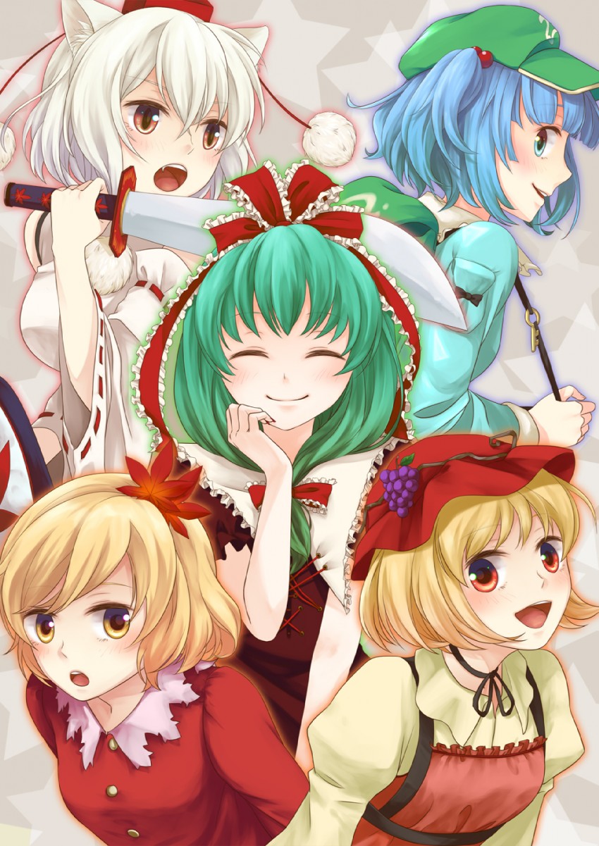 inubashiri momiji, kawashiro nitori, kagiyama hina, aki minoriko, and aki shizuha (touhou) drawn by marie_no13