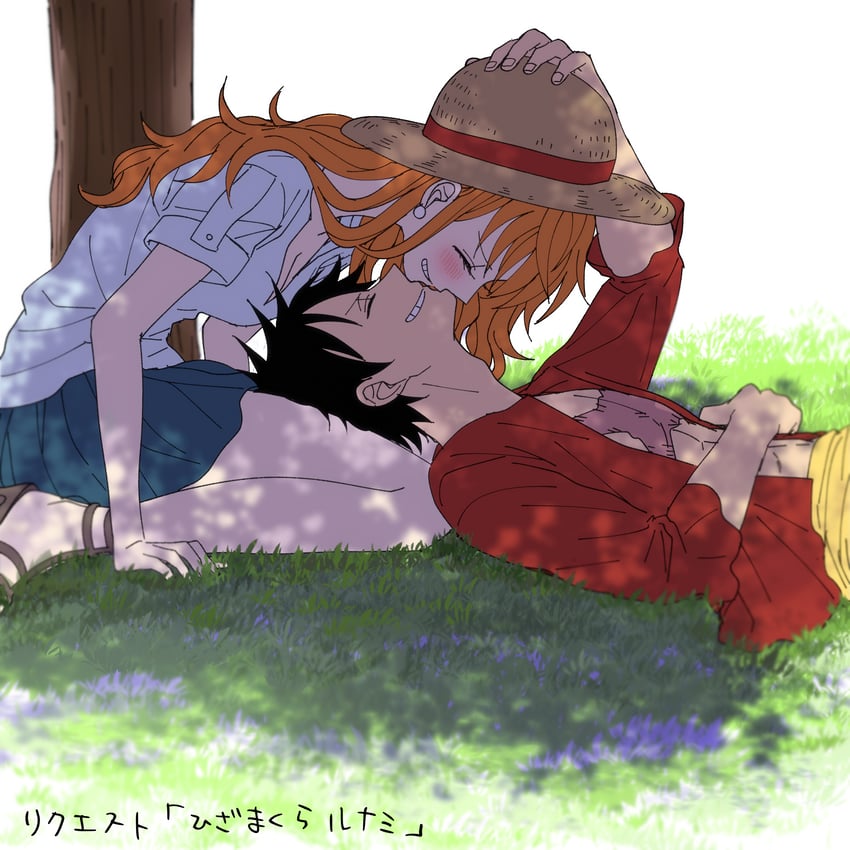 nami and monkey d. luffy (one piece) drawn by oshicpume