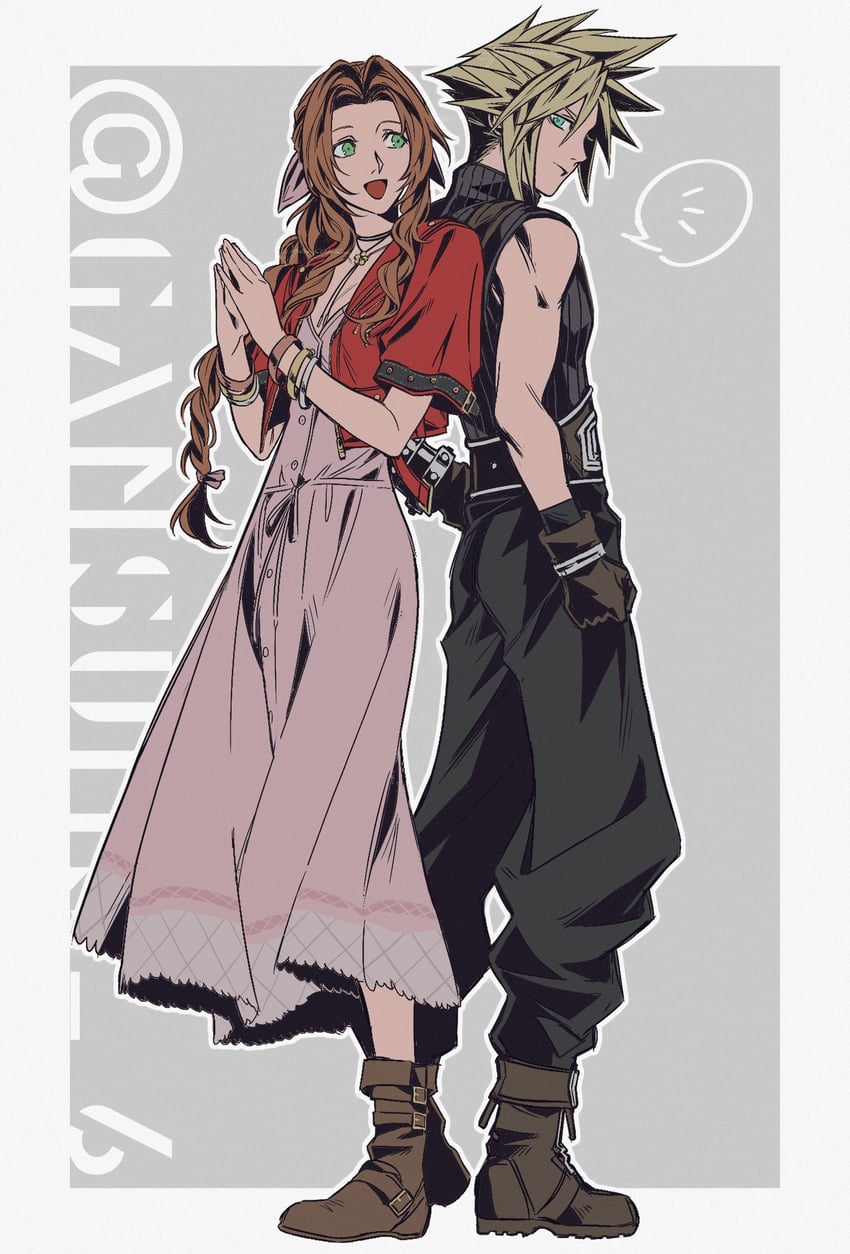cloud strife and aerith gainsborough (final fantasy and 3 more) drawn by roku_(gansuns)