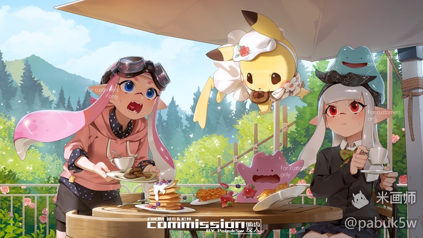inkling player character, pikachu, inkling girl, and ditto (pokemon and 1 more) drawn by pabuk5w