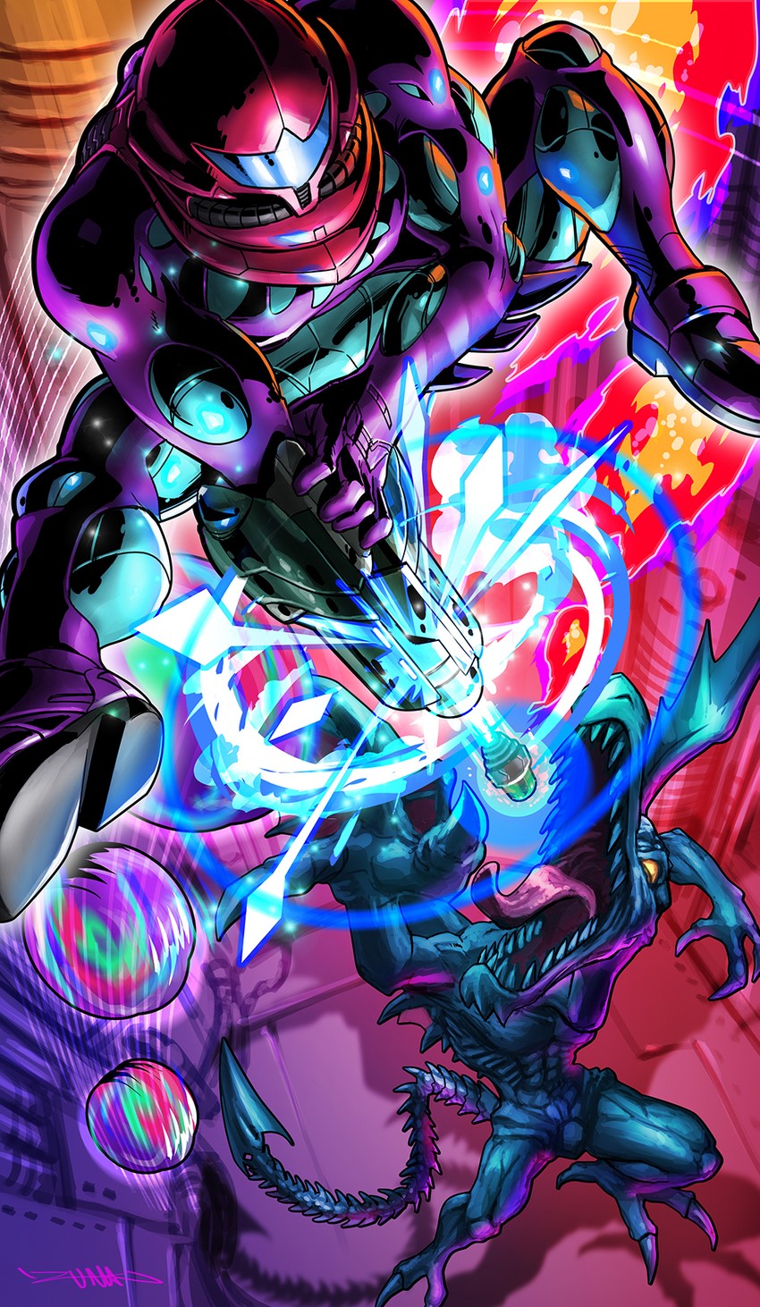 samus aran and ridley (metroid and 1 more) drawn by yasukuni_kazumasa