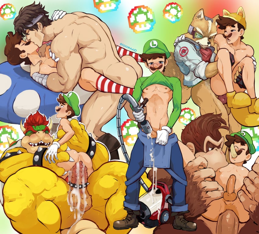 luigi, bowser, donkey kong, fox mccloud, and richter belmont (mario and 7 more) drawn by idoraad