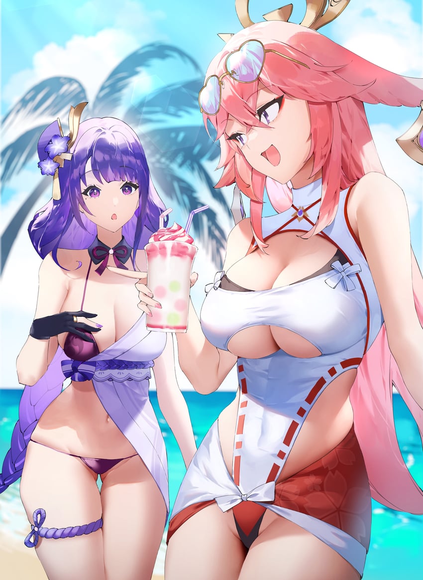 raiden shogun and yae miko (genshin impact) drawn by ichibi