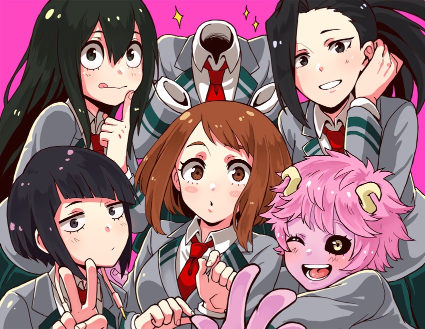uraraka ochaco, asui tsuyu, yaoyorozu momo, ashido mina, jiro kyoka, and 1 more (boku no hero academia) drawn by monotsuki