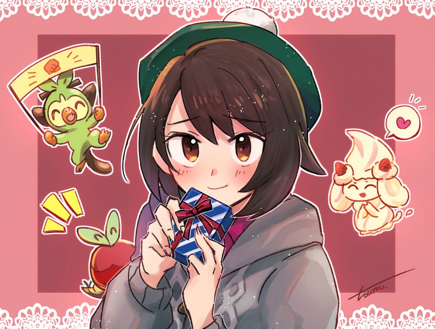 gloria, grookey, alcremie, and applin (pokemon and 1 more) drawn by toutouart