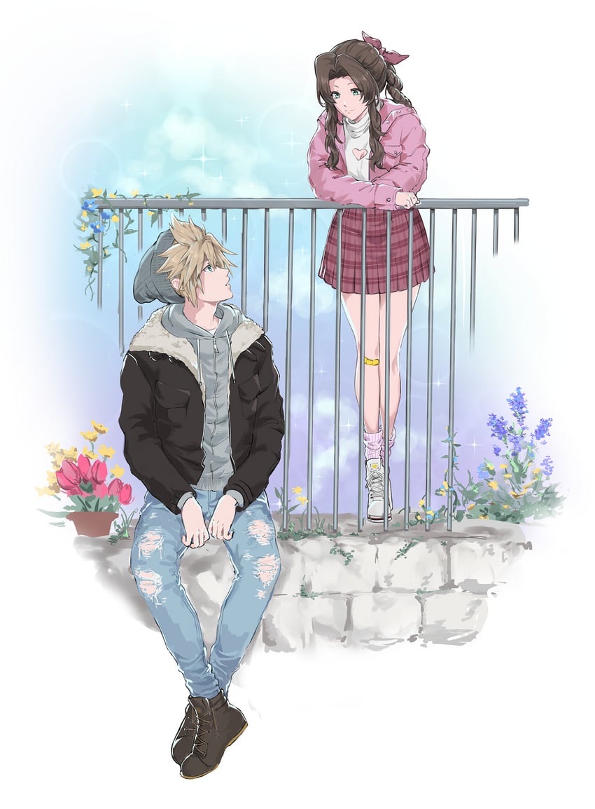 cloud strife and aerith gainsborough (final fantasy and 2 more) drawn by kivavis