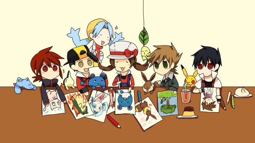 pikachu, red, eevee, ethan, blue oak, and 8 more (pokemon and 3 more) drawn by tomoyami