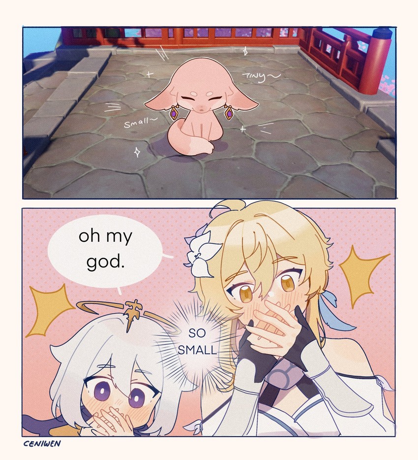 lumine, yae miko, and paimon (genshin impact) drawn by ceniwen