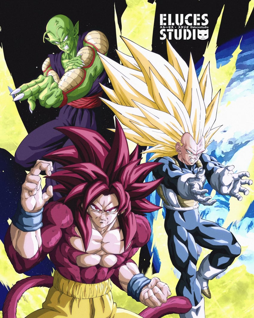 son goku, vegeta, and piccolo (dragon ball and 1 more) drawn by elucestudio