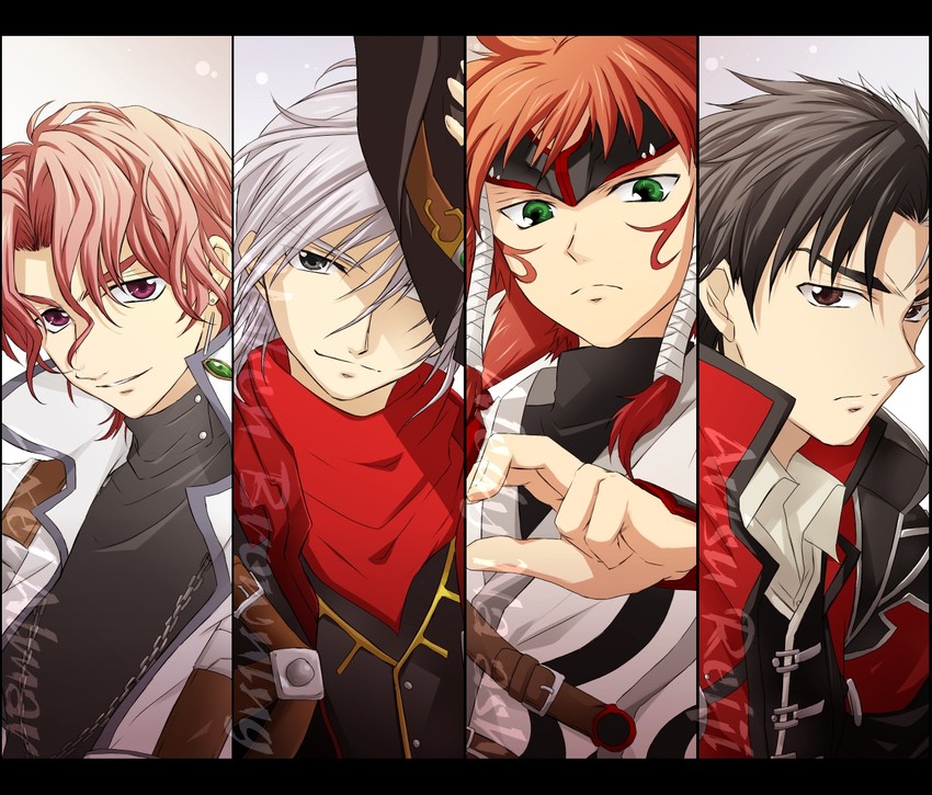 axel almer, arisu reiji, harken browning, and aledy naash (super robot wars and 2 more) drawn by akiha_(ominaeshi)
