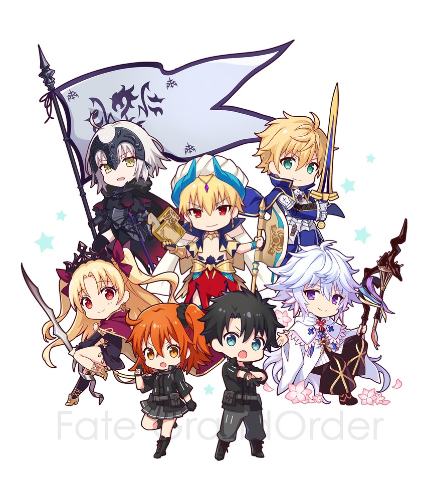 fujimaru ritsuka, ereshkigal, jeanne d'arc alter, merlin, arthur pendragon, and 1 more (fate and 1 more) drawn by ima_(luce365)