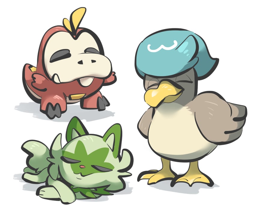 sprigatito, fuecoco, quaxly, and farfetch'd (pokemon) drawn by tirarizun