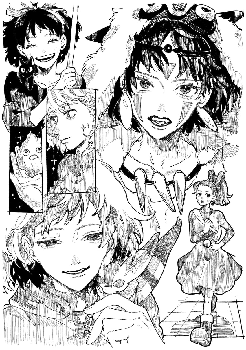 kiki, san, jiji, nausicaa, sophie hatter, and 3 more (studio ghibli and 4 more) drawn by kome_uo