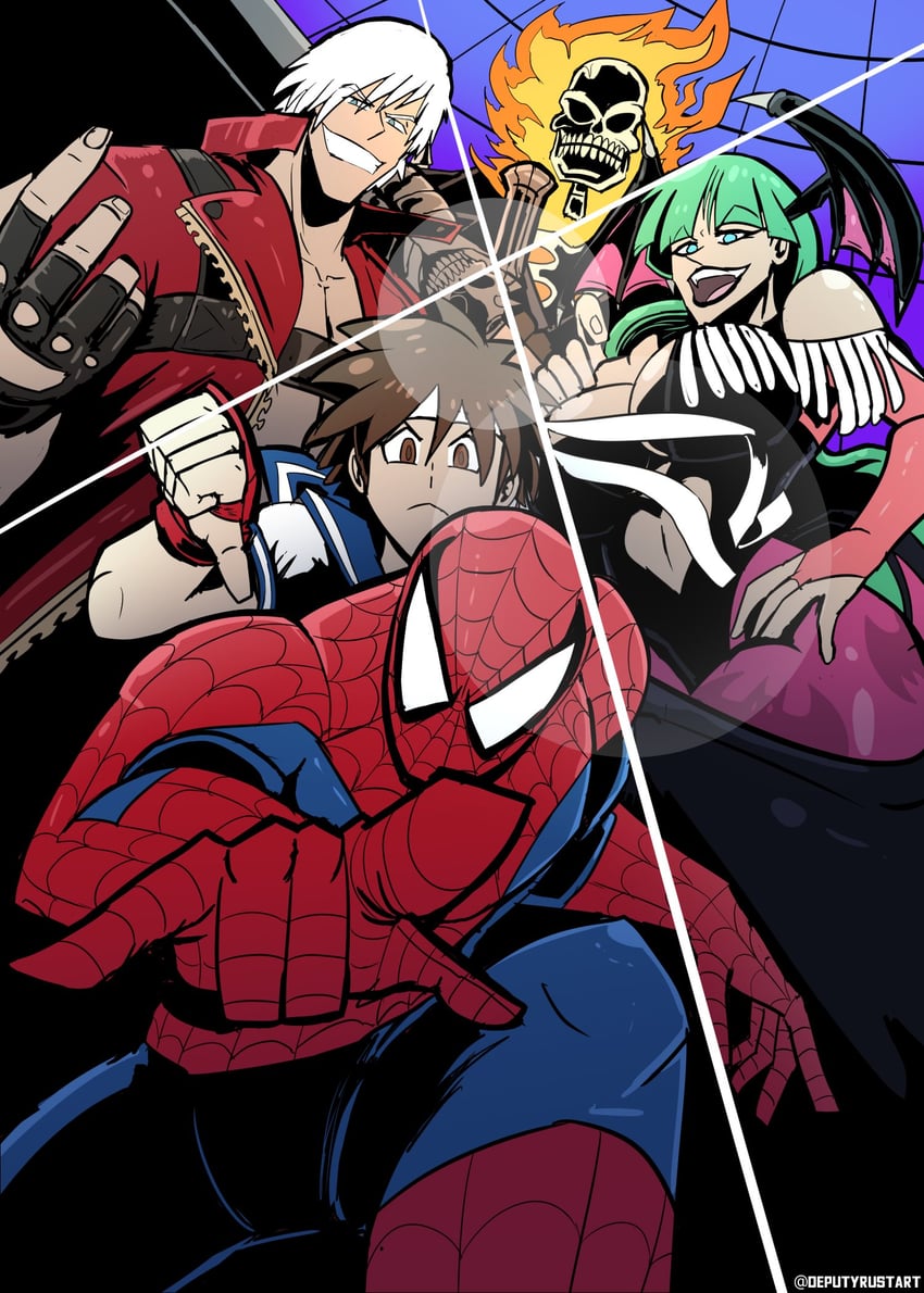 morrigan aensland, dante, kasugano sakura, spider-man, and ghost rider (street fighter and 11 more) drawn by deputy_rust