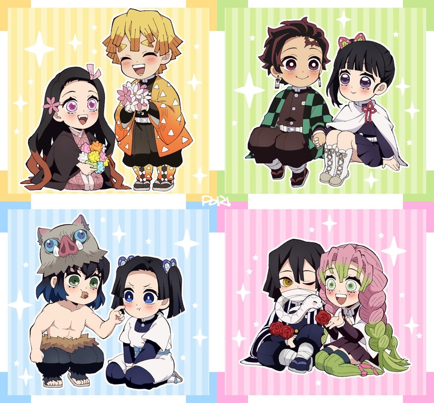 kamado nezuko, kanroji mitsuri, kamado tanjirou, agatsuma zenitsu, tsuyuri kanao, and 4 more (kimetsu no yaiba) drawn by pori_(kmt_pori)
