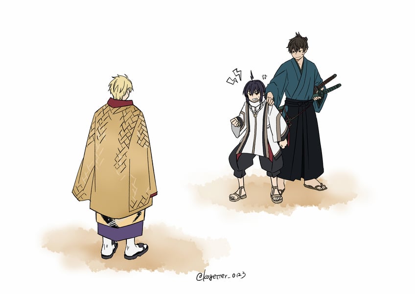 gilgamesh, yamato takeru, and miyamoto iori (fate and 1 more) drawn by moonlight_0423