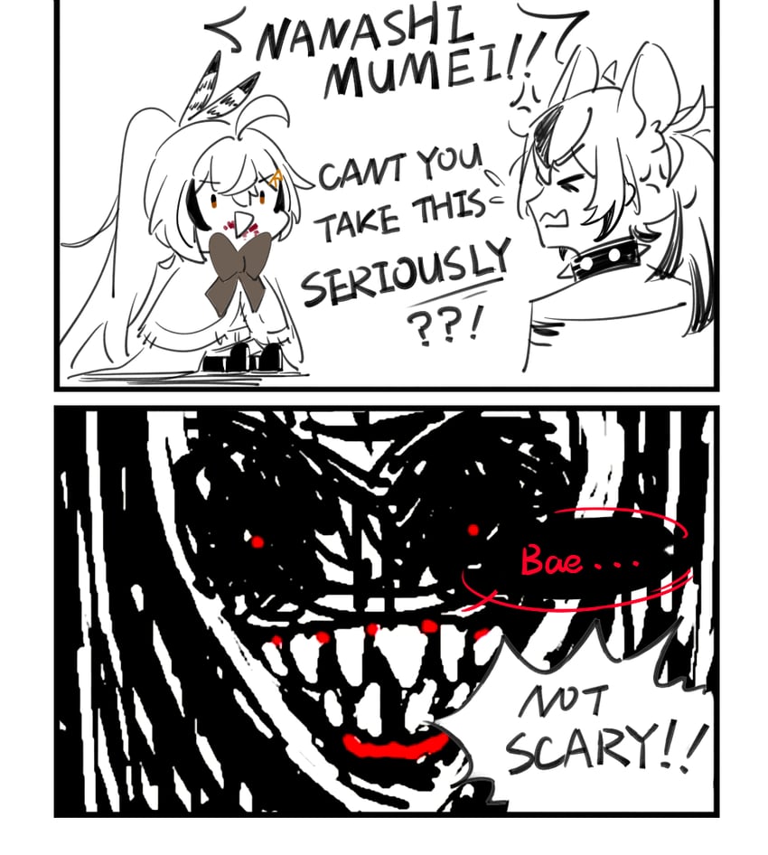nanashi mumei, hakos baelz, and nightmare (hololive and 1 more) drawn by onecolo133