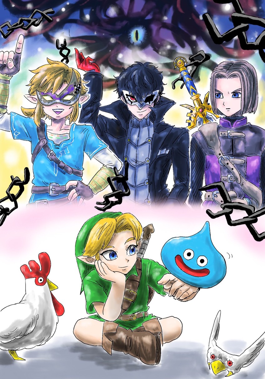 link, amamiya ren, slime, young link, hero, and 2 more (persona and 8 more) drawn by kicdon