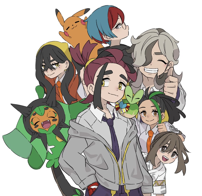 pikachu, kieran, juliana, carmine, nemona, and 4 more (pokemon and 1 more) drawn by waya_sugu