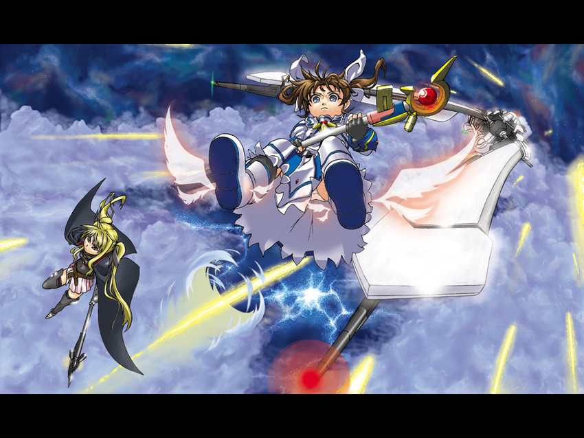 fate testarossa, takamachi nanoha, raising heart, bardiche, and arthra (lyrical nanoha and 2 more) drawn by eigai_kyousuke