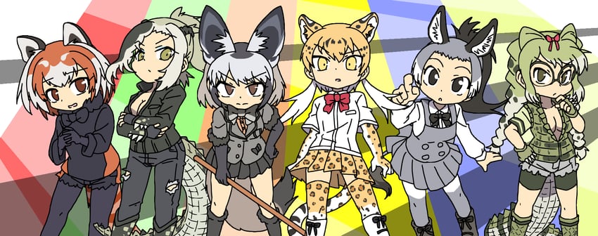 saltwater crocodile, bat-eared fox, red panda, donkey, spectacled caiman, and 1 more (kemono friends) drawn by srd_(srdsrd01)